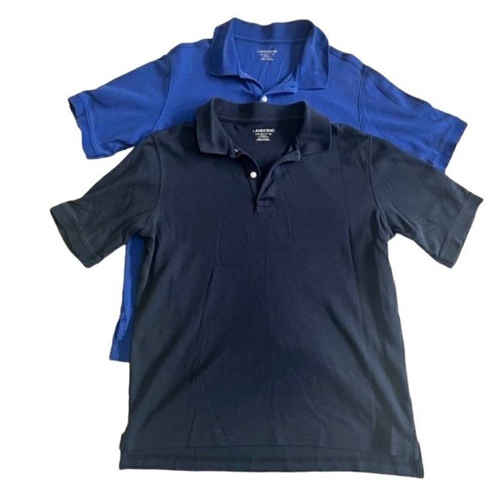 BUNDLE Lands End Boys Jersey Knit Polos - Royal/Black - Size L (14-16)